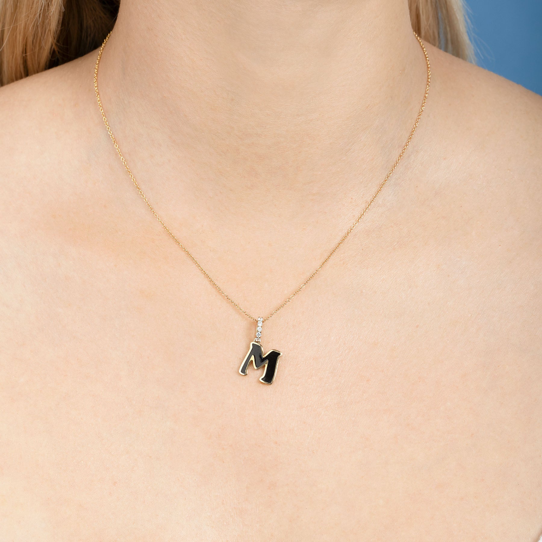 Enamel Letter Pendant White Diamond and Black Enamel 14K Yellow Gold I No Chain