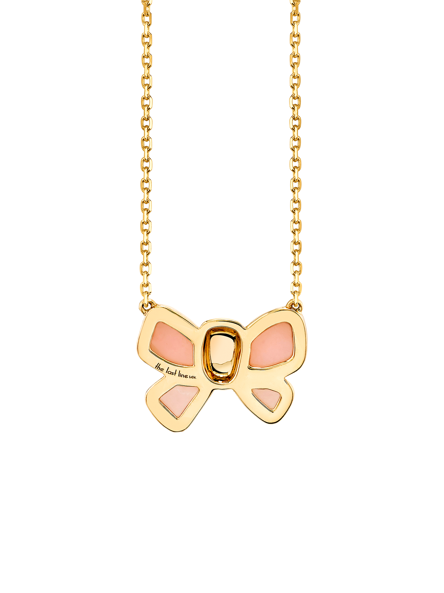 Hand Carved Bow Necklace - White Diamond and Pink Opal / 14k