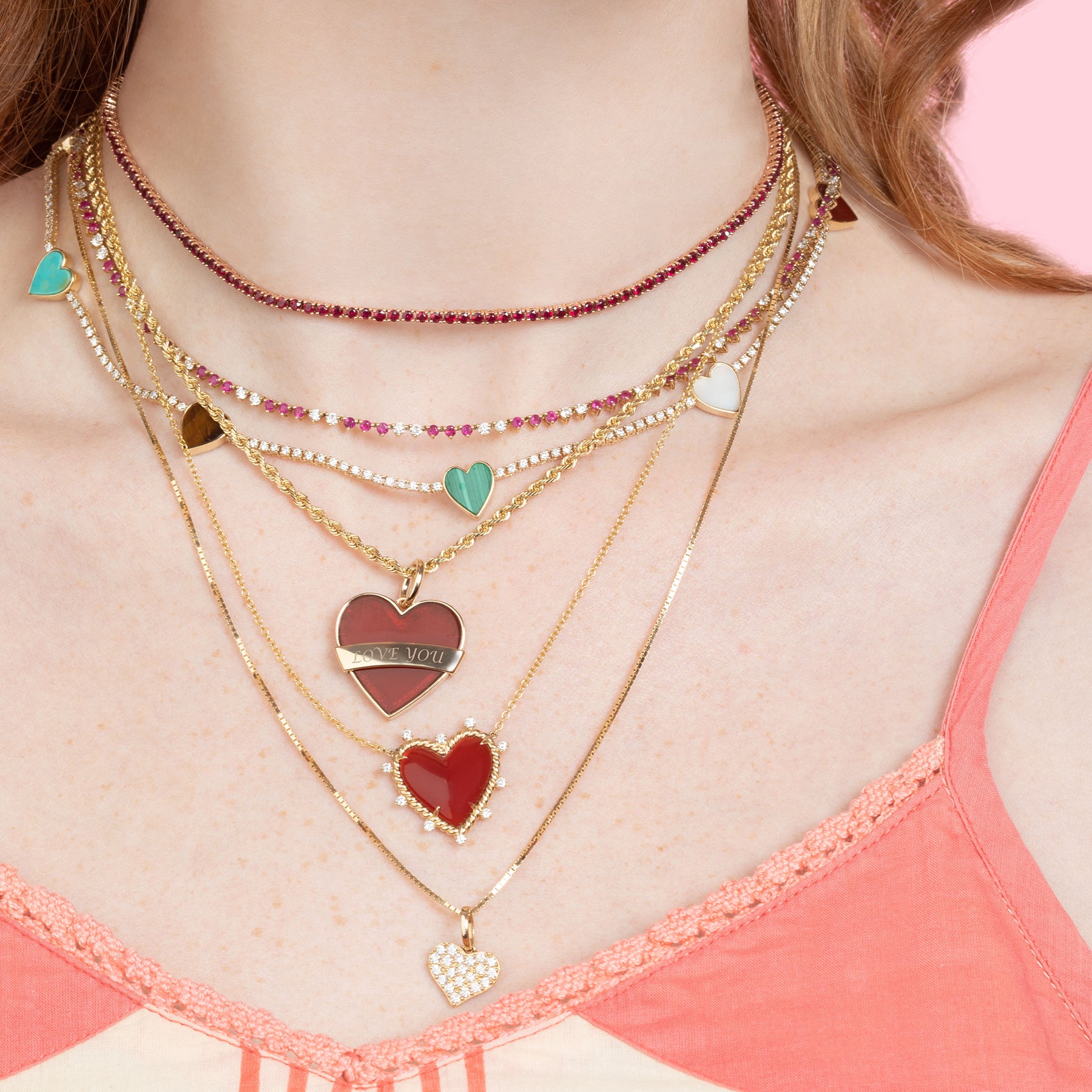 Heart Tennis Necklace White Diamond and Inlay 14k Yellow Gold The Last Line